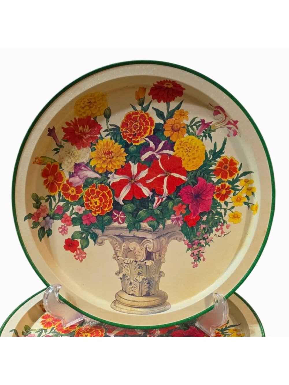 Vintage 1993 Potpourri Designs Garden Classics Metal Tin Trays Pair Shao Wei Liu